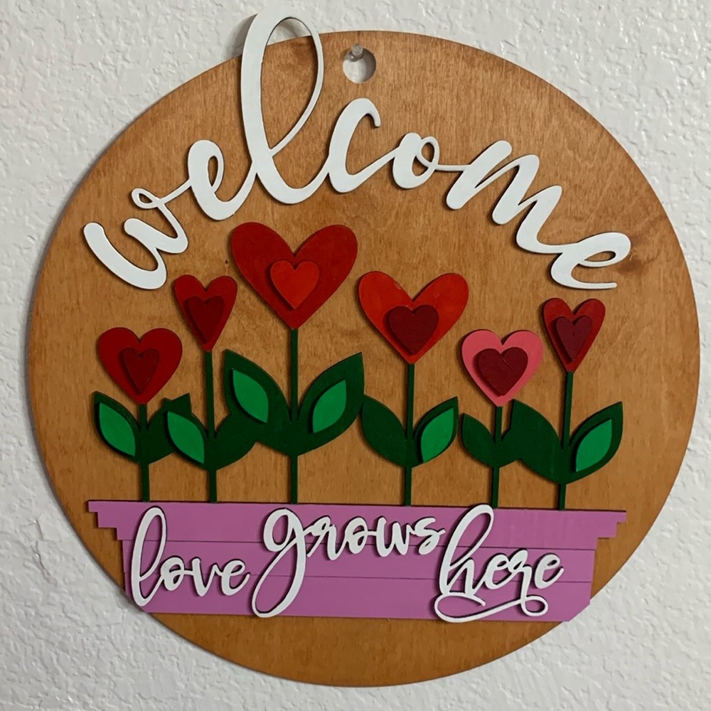 Hand Crafted Wooden Door Hanger Laser Cut
“Welcome Love Grows Here”